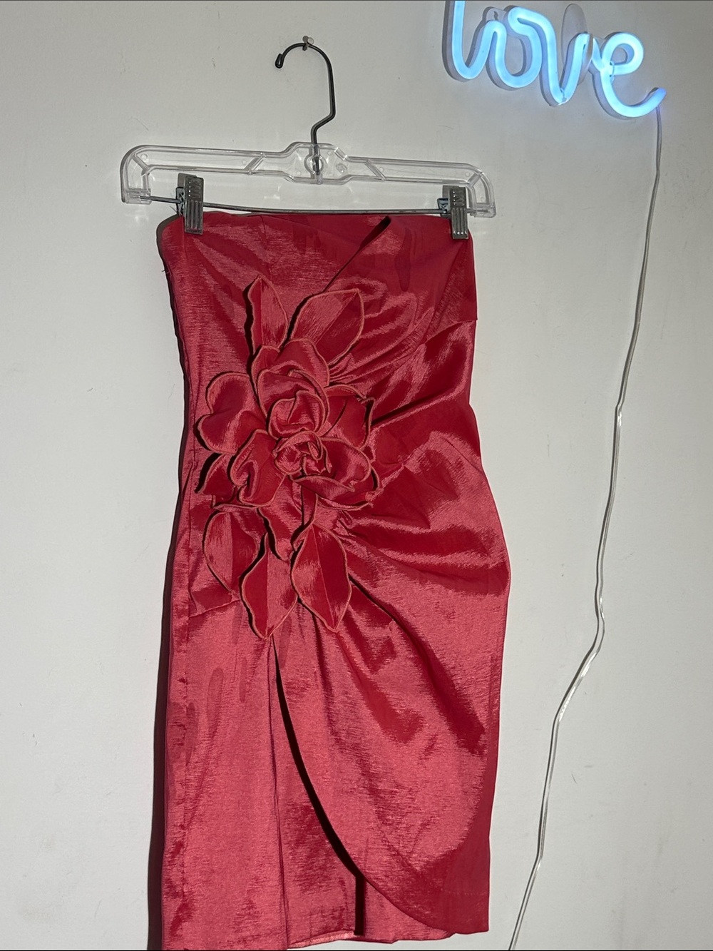 Jessica McClintock Strapless Red Satin Dress with Floral Appliqué